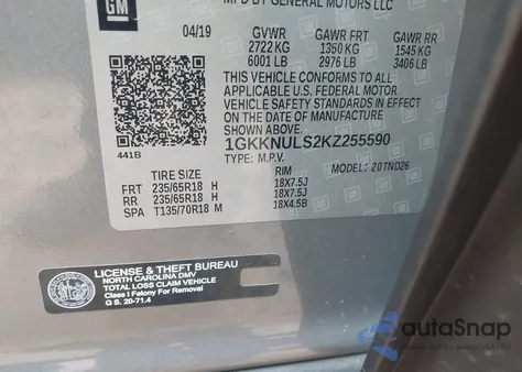 2019 GMC Acadia Slt-1 из США, поврежденный, VIN 1GKKNULS2KZ255590